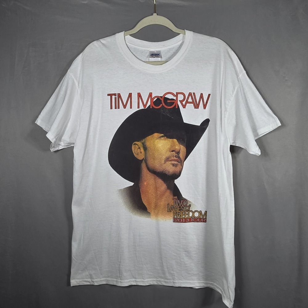 Tim McGraw Shirt 2013 Two Lanes of Freedom Tour Gildan Graphic Tee White Large